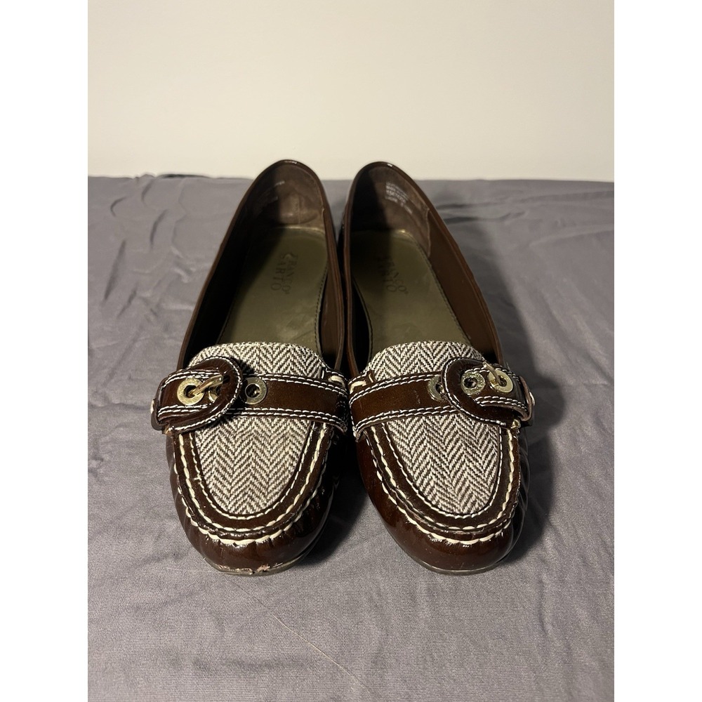 Franco Sarto Women's 8.5 M Loafers Herringbone Gold Tone Buckle Slip Ons Leather